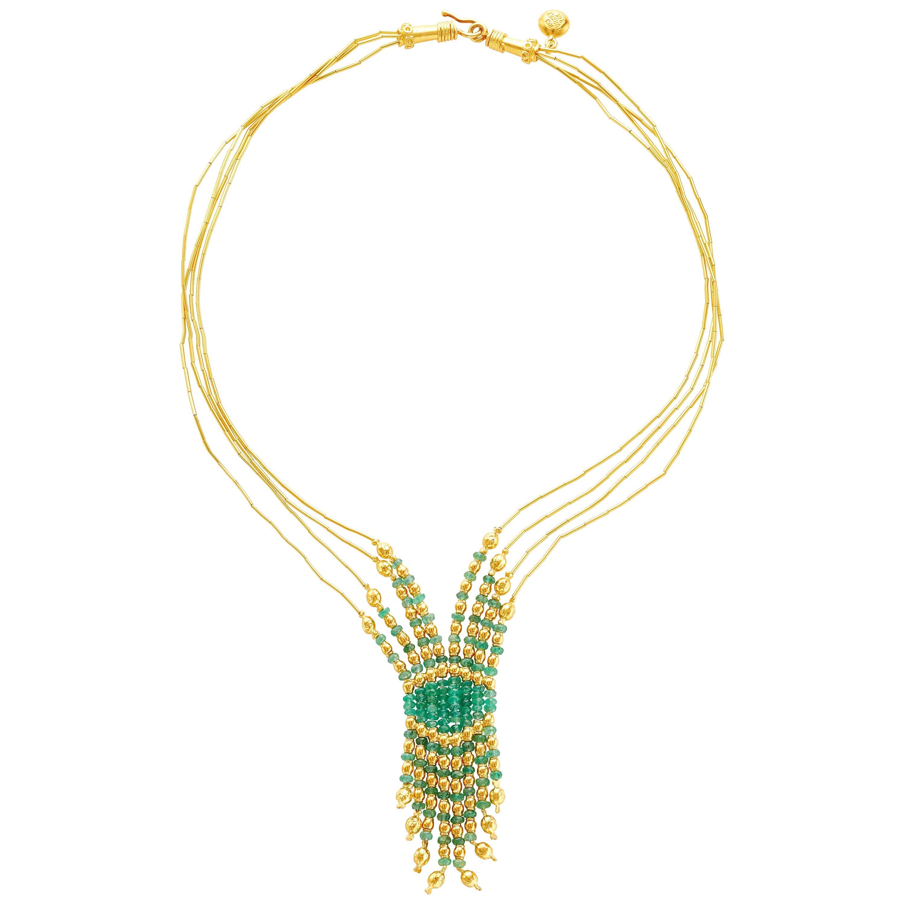 Turkish 21 Karat Yellow Gold Four-Strand Emerald Bead Necklace