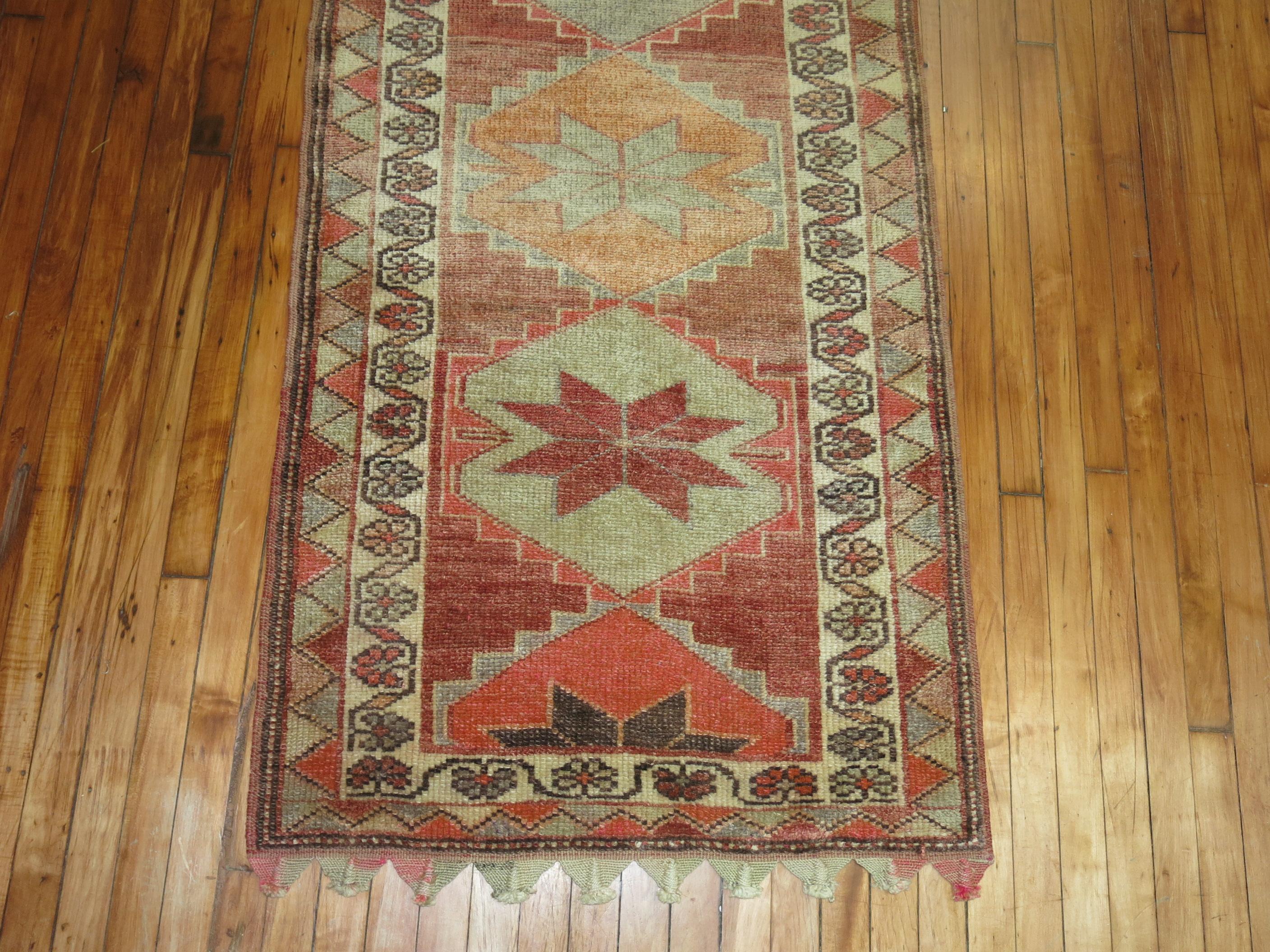 Hand-Knotted Turkish Anatolian Geometric Runner For Sale