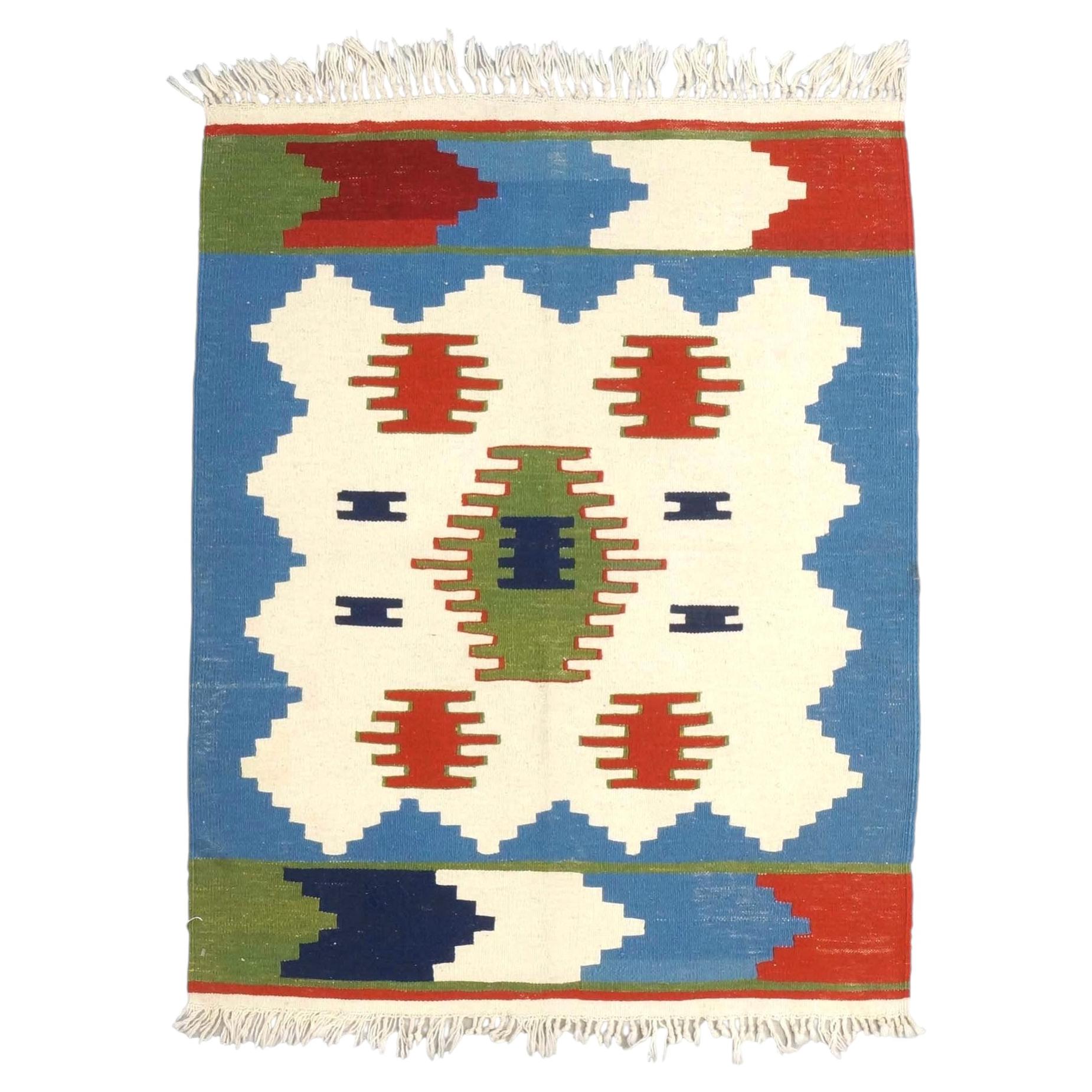 Turkish Anatolian Wool 3x4 Ivory & Blue Handmade Throw Rug