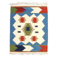 Turkish Anatolian Wool 3x4 Ivory & Blue Handmade Throw Rug
