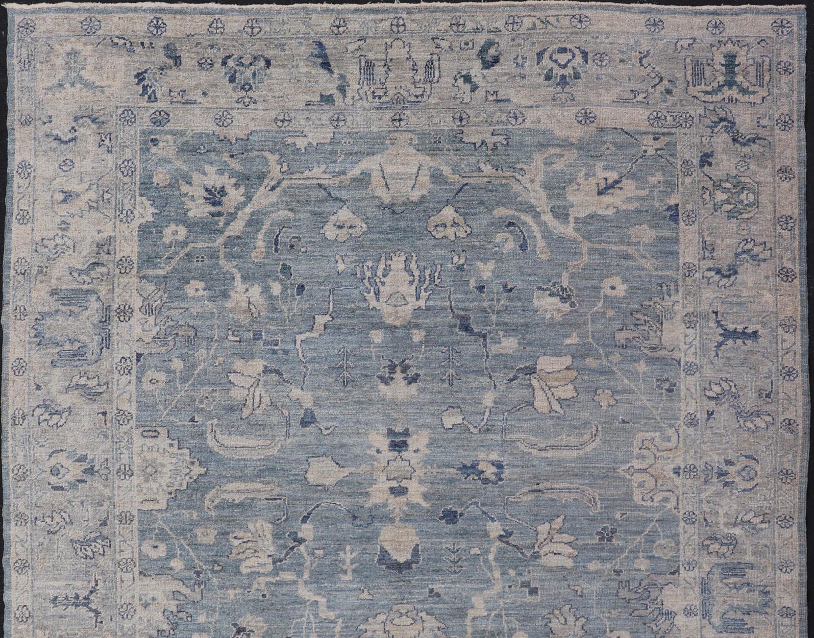 Turkish Angora Oushak Rug in Dusty Blue Background and Silver Border For Sale 4