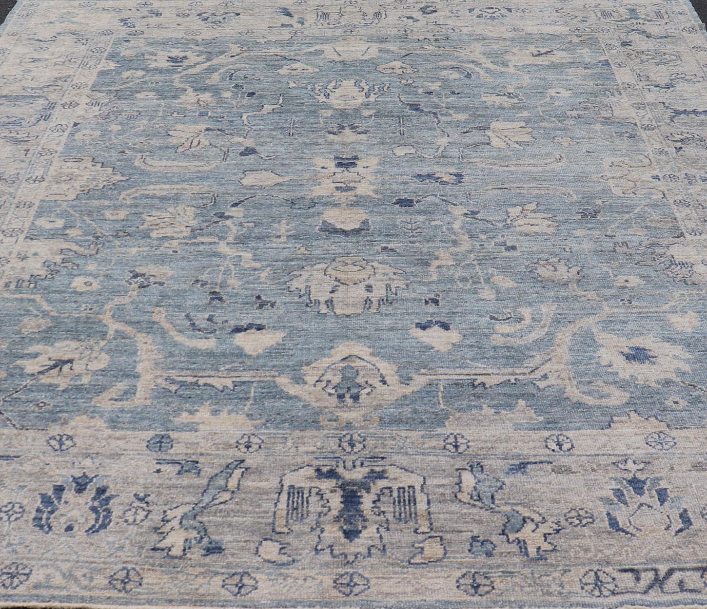 Turkish Angora Oushak Rug in Dusty Blue Background and Silver Border For Sale 9
