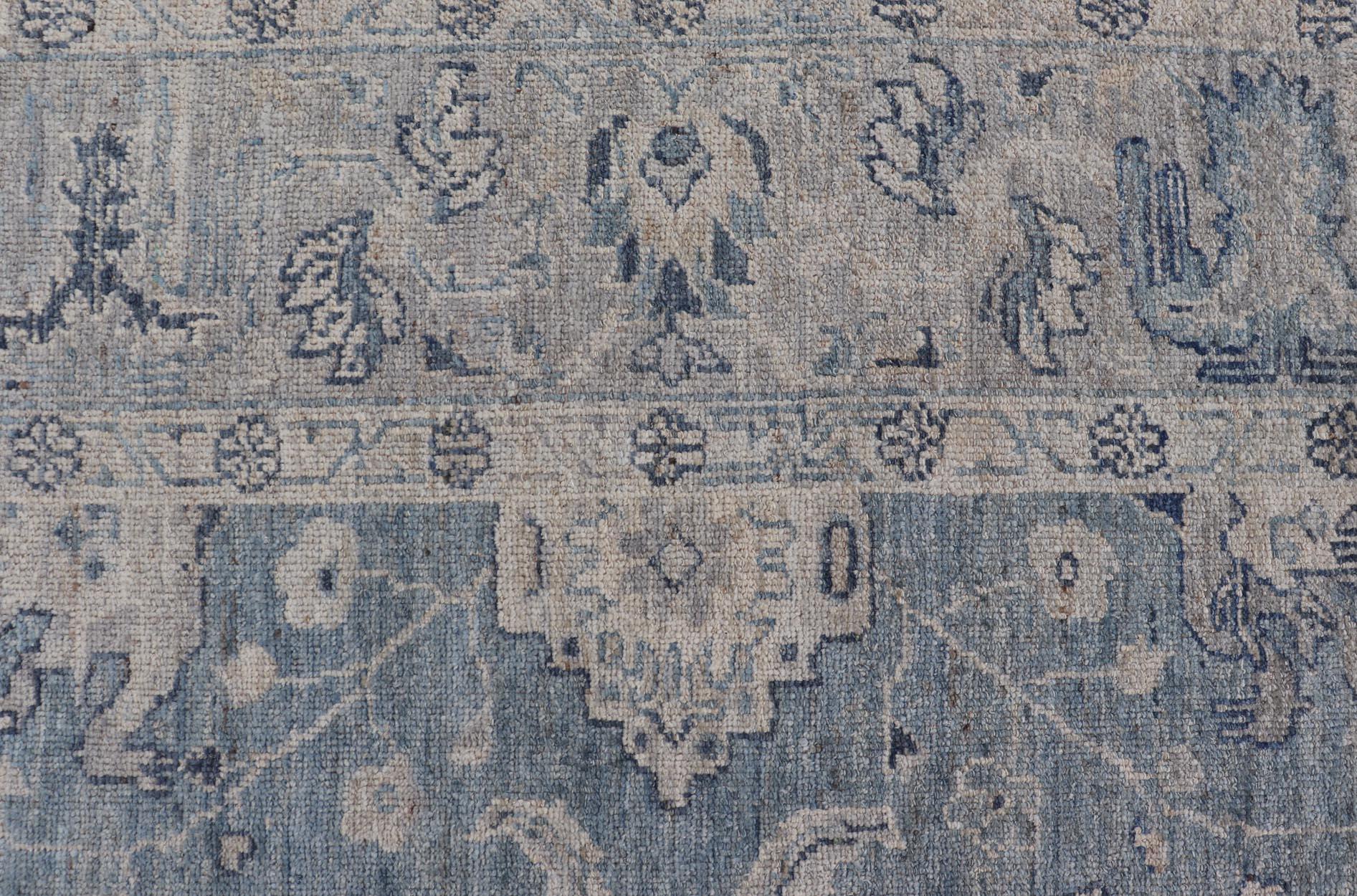Wool Turkish Angora Oushak Rug in Dusty Blue Background and Silver Border For Sale