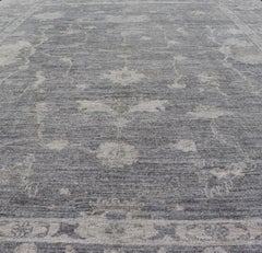 Turkish Angora Oushak Rug in Slate Gray with Ivory Botanical Motifs 9'11 x 13'3