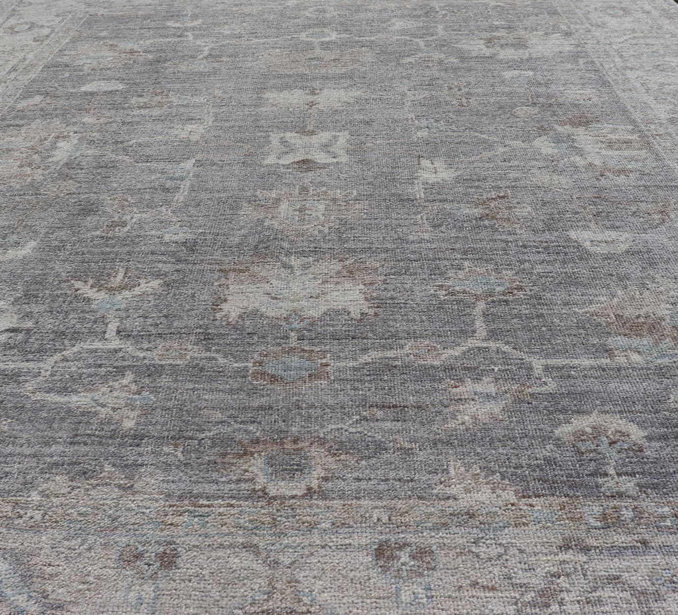 Turkish Angora Oushak Rug in Smoky Gray with Ivory, Taupe, & Soft Blue 8'2 x 9'8 For Sale 4