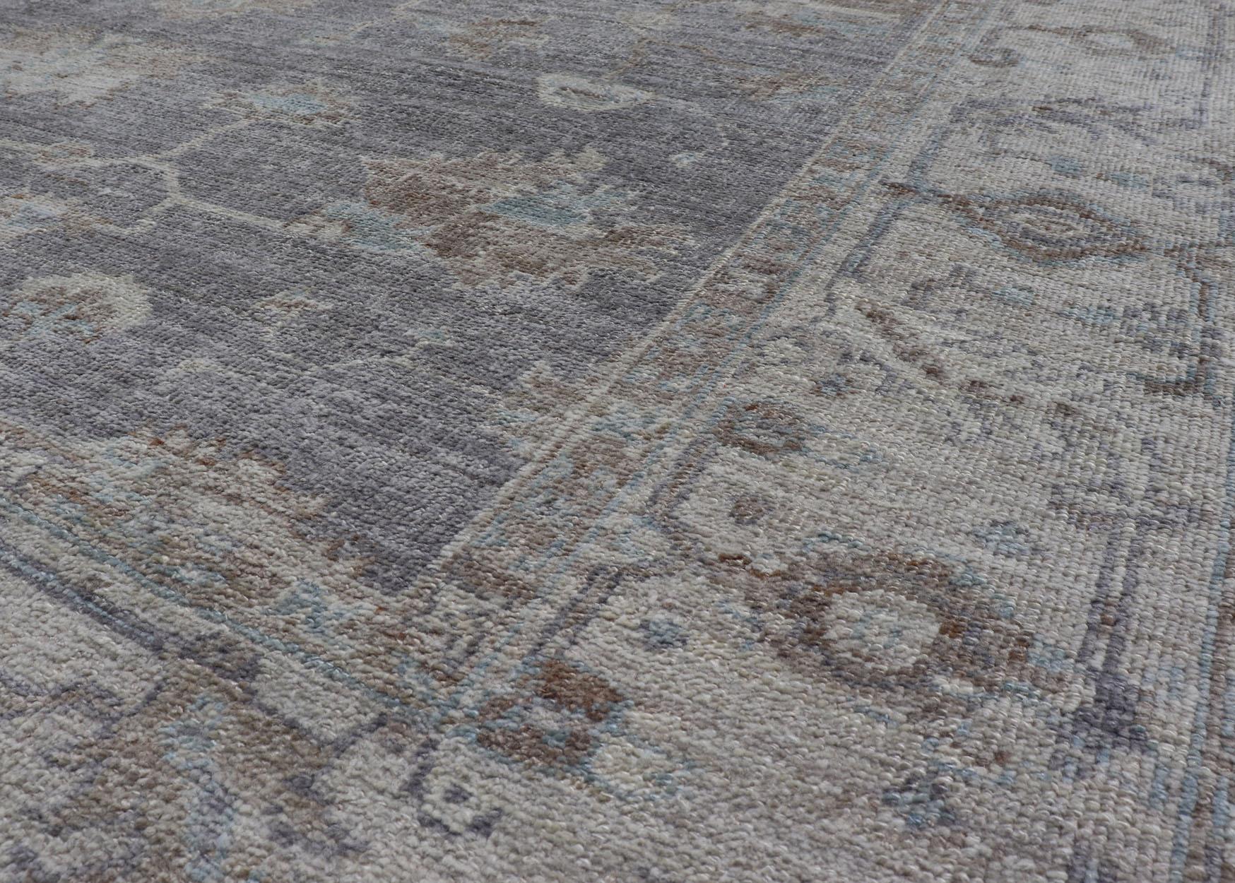 Turkish Angora Oushak Rug in Smoky Gray with Ivory, Taupe, & Soft Blue 8'2 x 9'8 For Sale 6