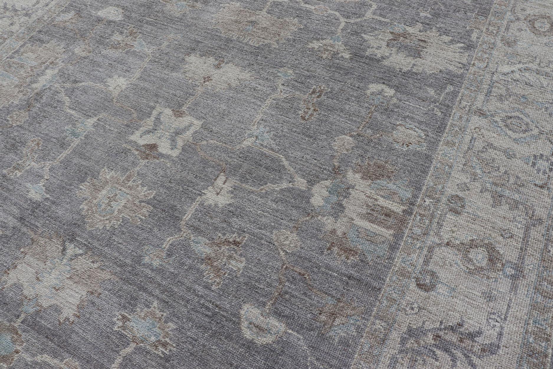 Hand-Knotted Turkish Angora Oushak Rug in Smoky Gray with Ivory, Taupe, & Soft Blue 8'2 x 9'8 For Sale