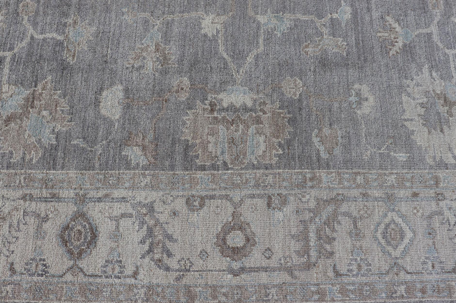 Contemporary Turkish Angora Oushak Rug in Smoky Gray with Ivory, Taupe, & Soft Blue 8'2 x 9'8 For Sale