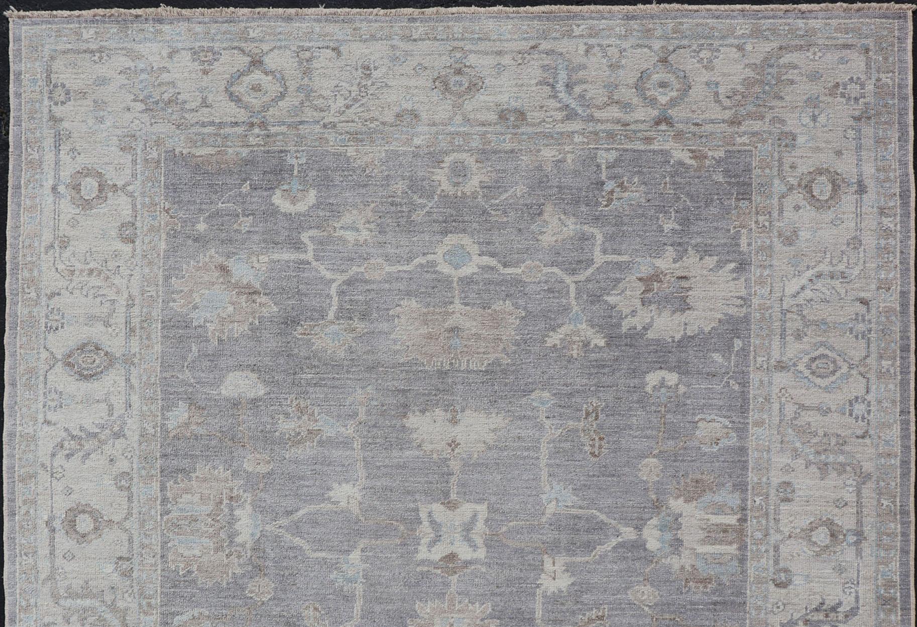 Wool Turkish Angora Oushak Rug in Smoky Gray with Ivory, Taupe, & Soft Blue 8'2 x 9'8 For Sale