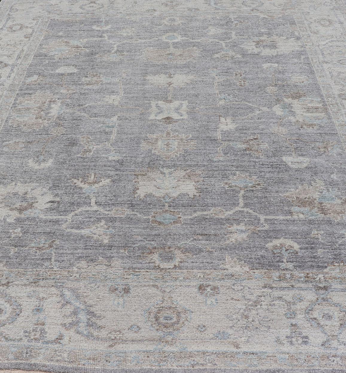 Turkish Angora Oushak Rug in Smoky Gray with Ivory, Taupe, & Soft Blue 8'2 x 9'8 For Sale 3