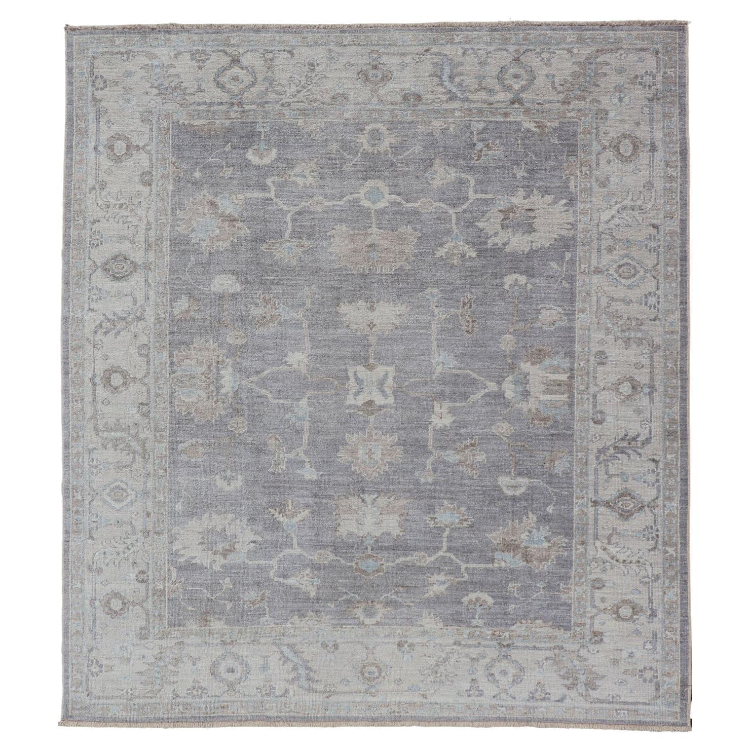 Turkish Angora Oushak Rug in Smoky Gray with Ivory, Taupe,
Soft Blue 8
2 x 9
8