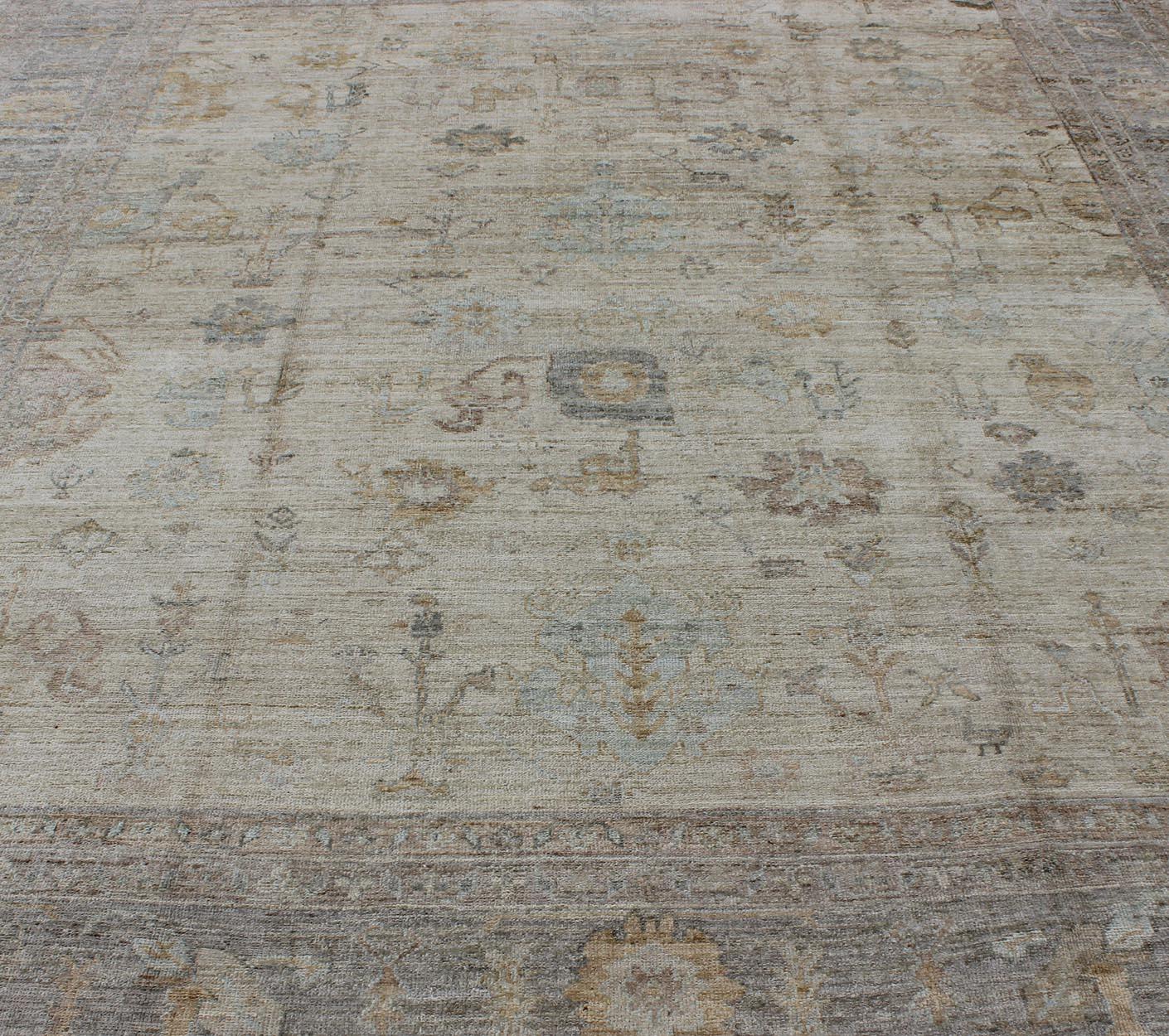 Hand-Knotted Turkish Angora Oushak Rug with All-Over Vining Floral Design Keivan Woven Arts  For Sale
