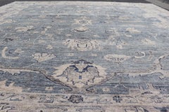 Turkish Angora Oushak Rug with Steel Blue Field and Light Gray Border