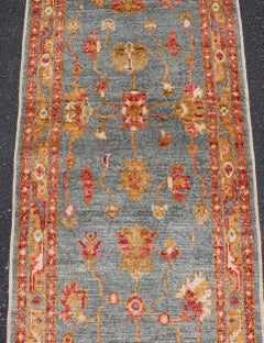 Turkish Angora Oushak Runner with Denim Blue Field and Rust Motifs
