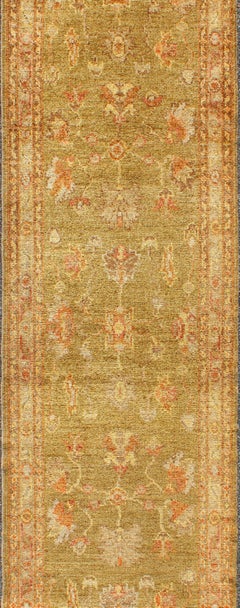 Turkish Angora Oushak Runner with Traditional All-Over Design in Yellow Green