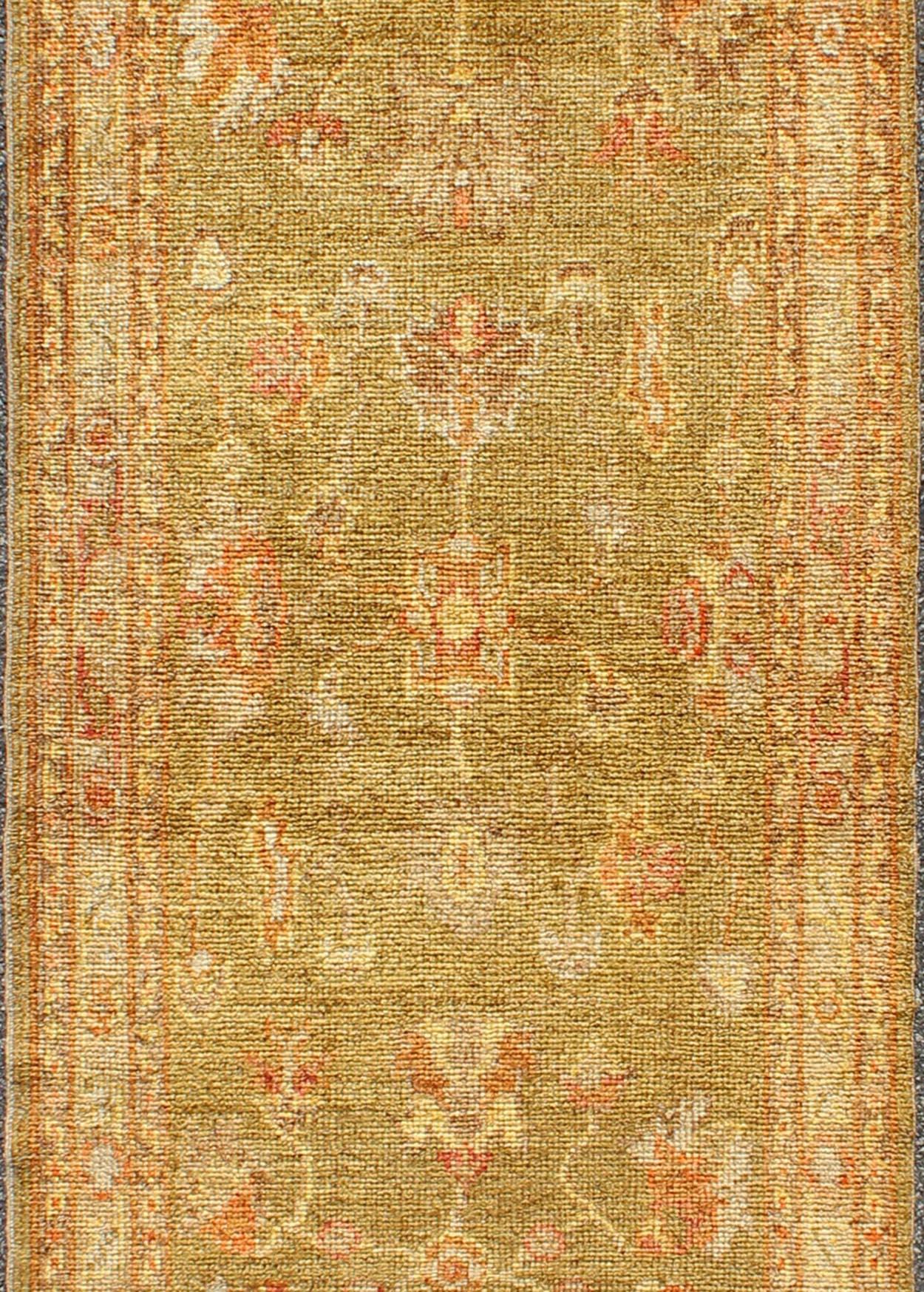 Late 20th Century Turkish Angora Oushak Runner with Traditional All-Over Design in Yellow Green For Sale