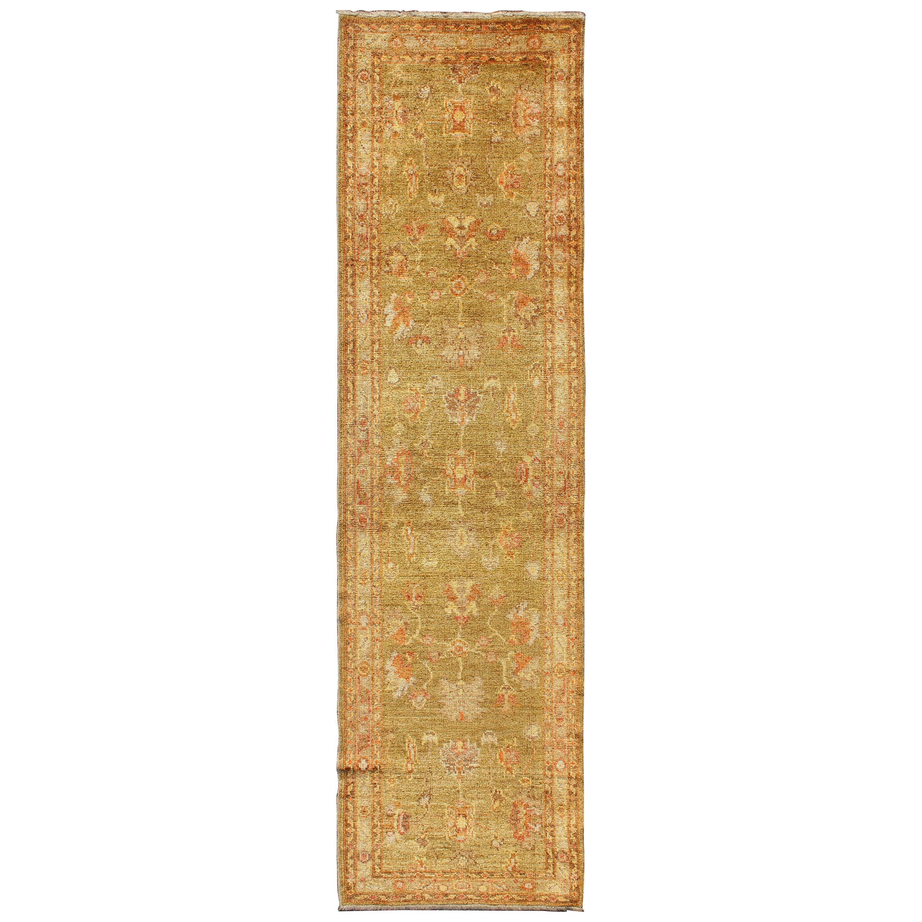 Turkish Angora Oushak Runner with Traditional All-Over Design in Yellow Green