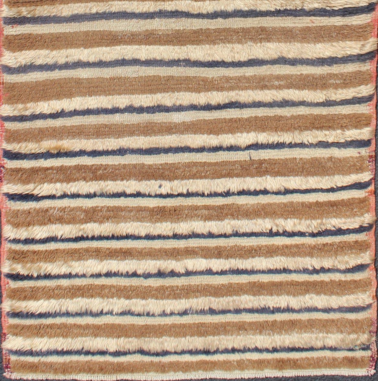 Hand-Knotted Turkish Angora Tulu Vintage Carpet with Stripe Pattern Light Brown & Navy Blue For Sale