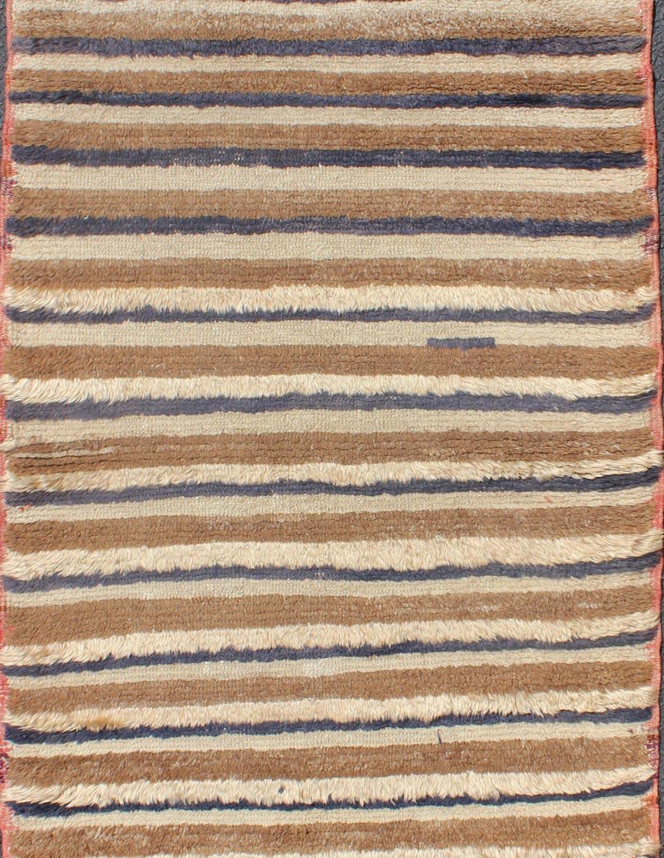 Turkish Angora Tulu Vintage Carpet with Stripe Pattern Light Brown & Navy Blue In Excellent Condition For Sale In Atlanta, GA