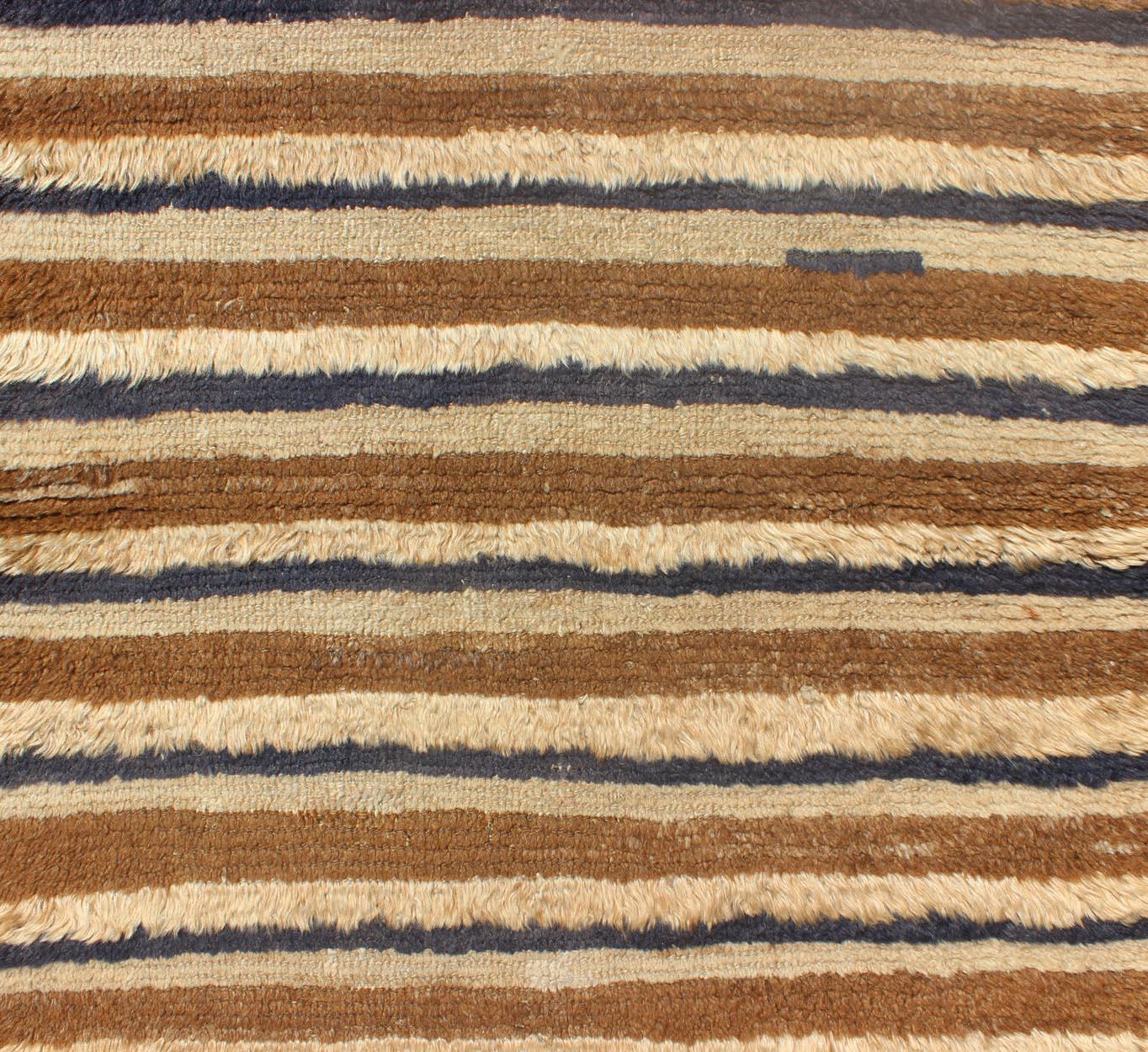 20th Century Turkish Angora Tulu Vintage Carpet with Stripe Pattern Light Brown & Navy Blue For Sale