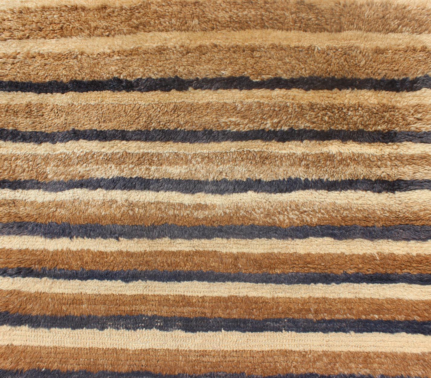 Wool Turkish Angora Tulu Vintage Carpet with Stripe Pattern Light Brown & Navy Blue For Sale