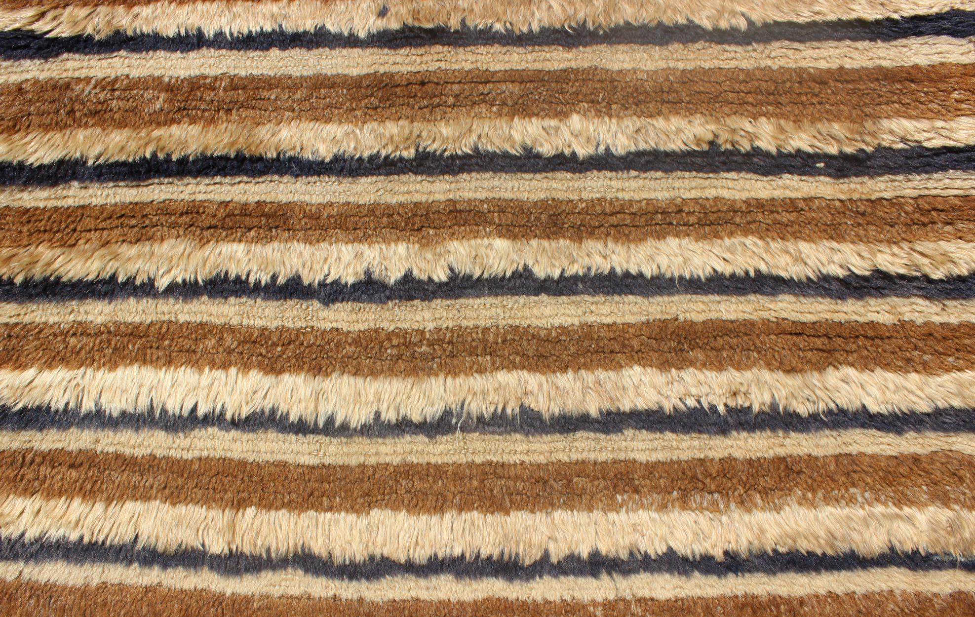 Turkish Angora Tulu Vintage Carpet with Stripe Pattern Light Brown & Navy Blue For Sale 1
