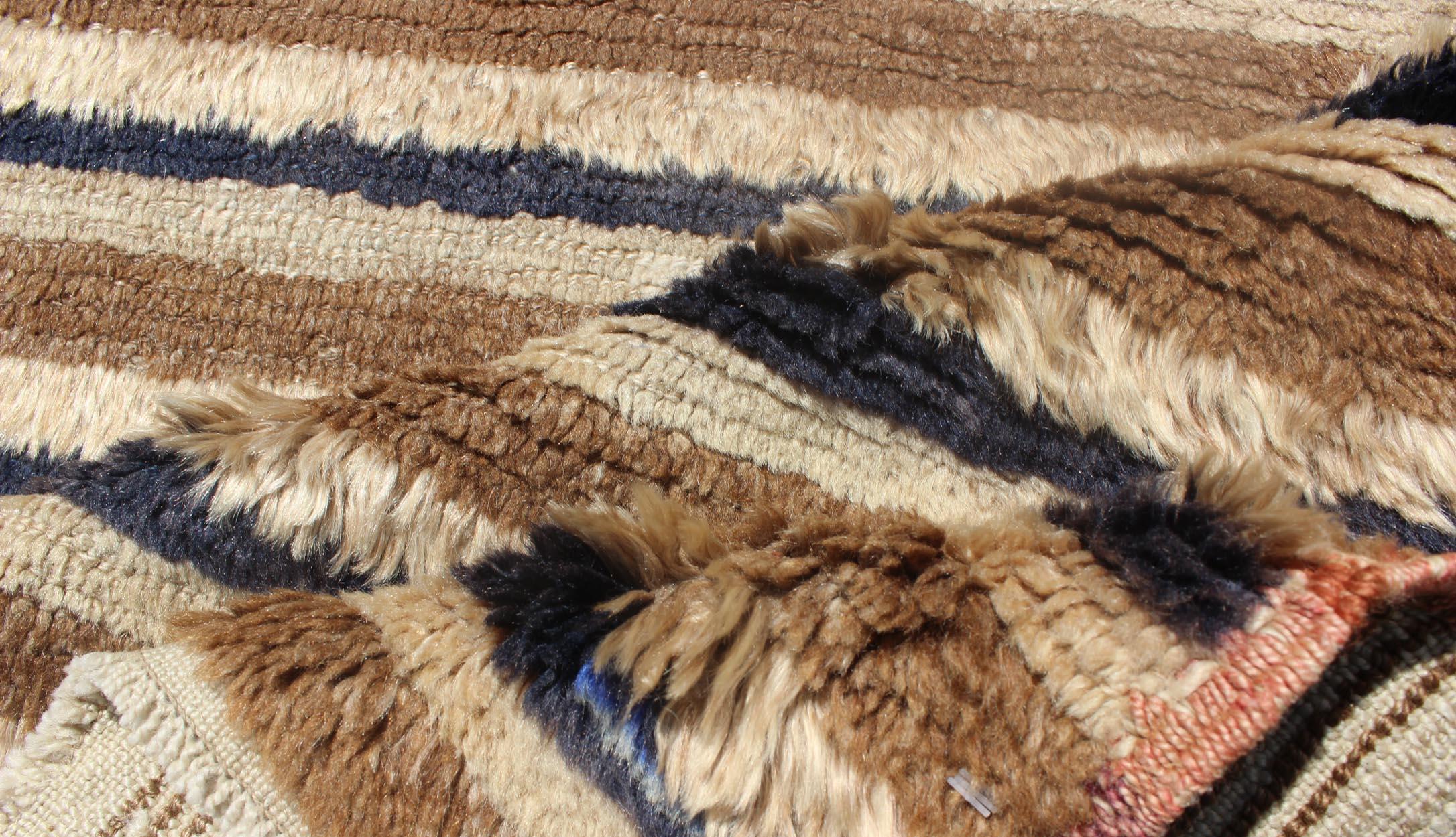 Turkish Angora Tulu Vintage Carpet with Stripe Pattern Light Brown & Navy Blue For Sale 2