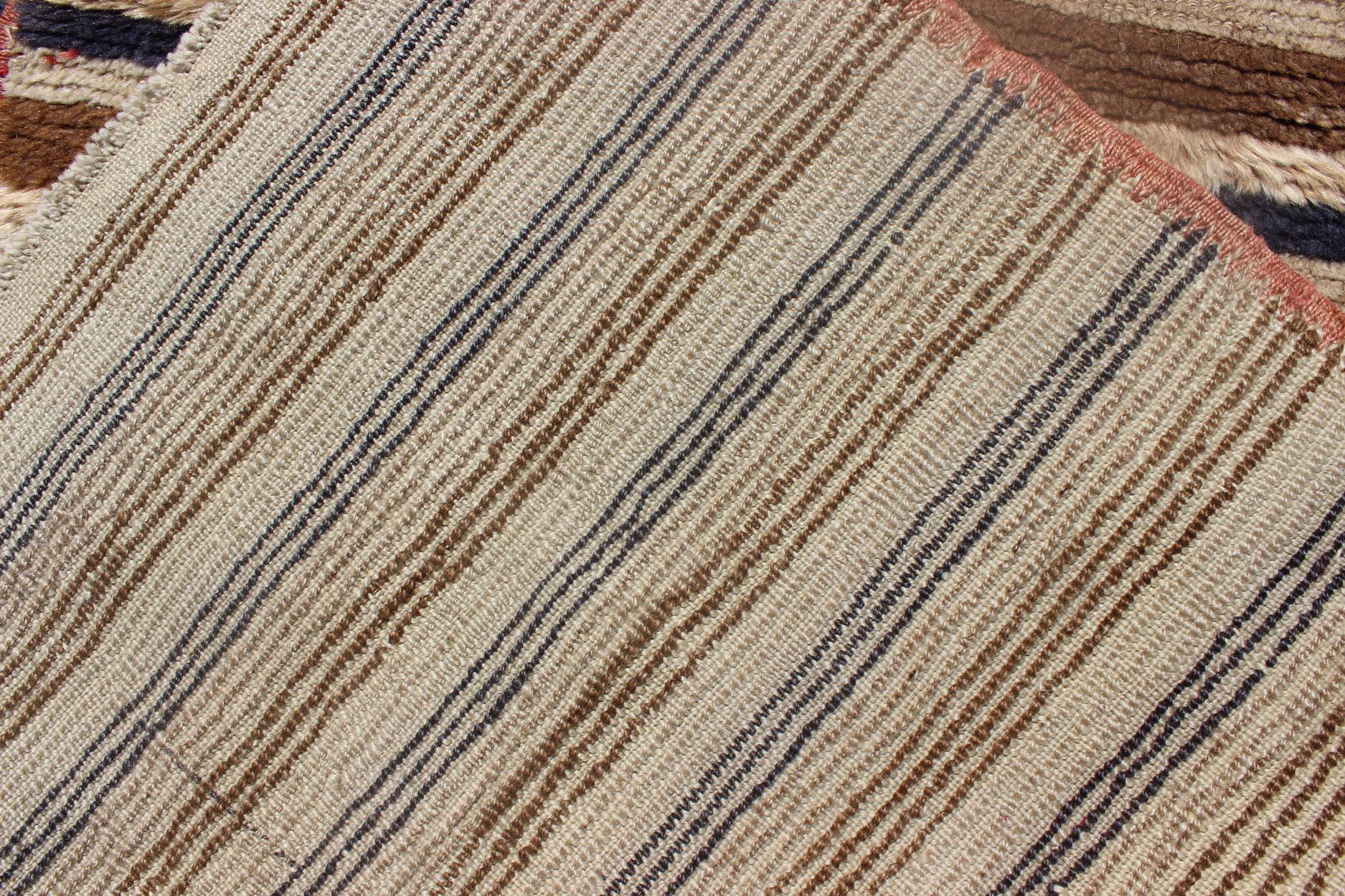 Turkish Angora Tulu Vintage Carpet with Stripe Pattern Light Brown & Navy Blue For Sale 3