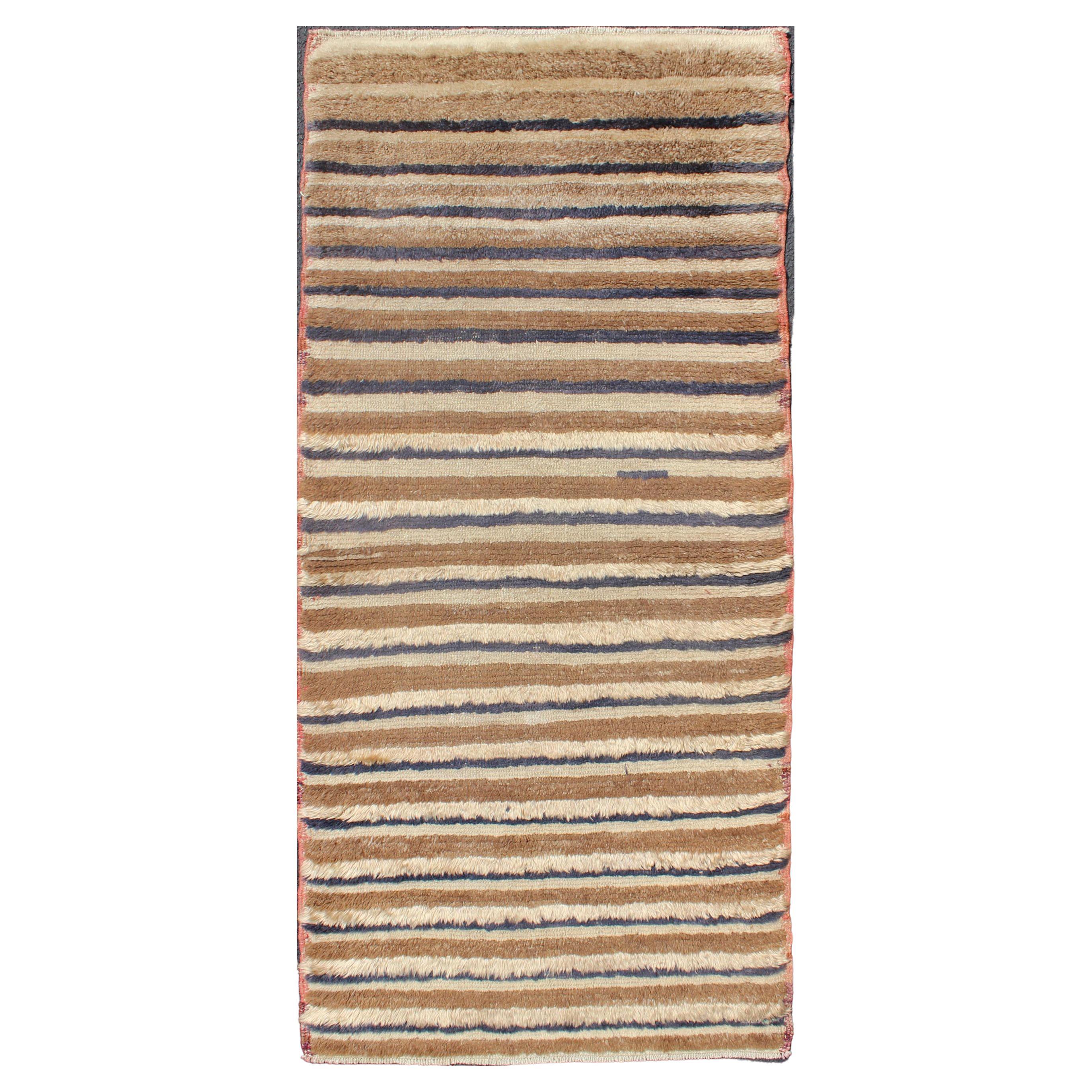 Alfombra turca de angora Tulu Vintage con dibujo de rayas Marrón claro y azul marino