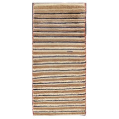 Tapis turc Tulu vintage en angora avec motif de rayures marron clair et bleu marine