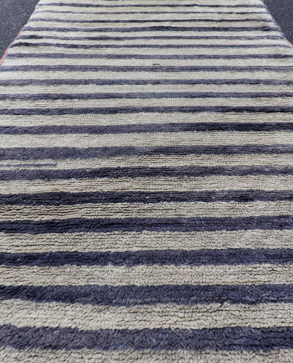 Turkish Angora Vintage Tulu Carpet with Stripe Pattern Light Taupe & Navy Blue For Sale 4