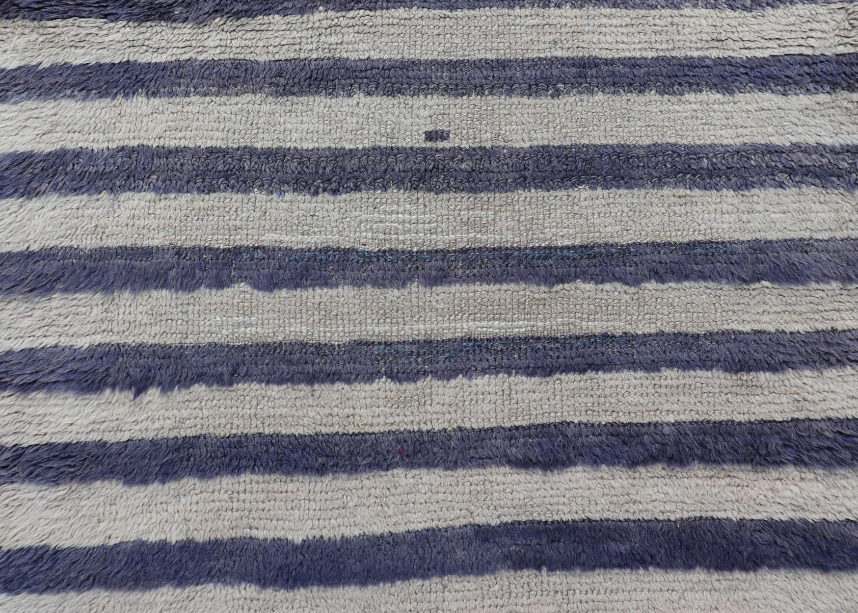 Turkish Angora Vintage Tulu Carpet with Stripe Pattern Light Taupe & Navy Blue For Sale 5