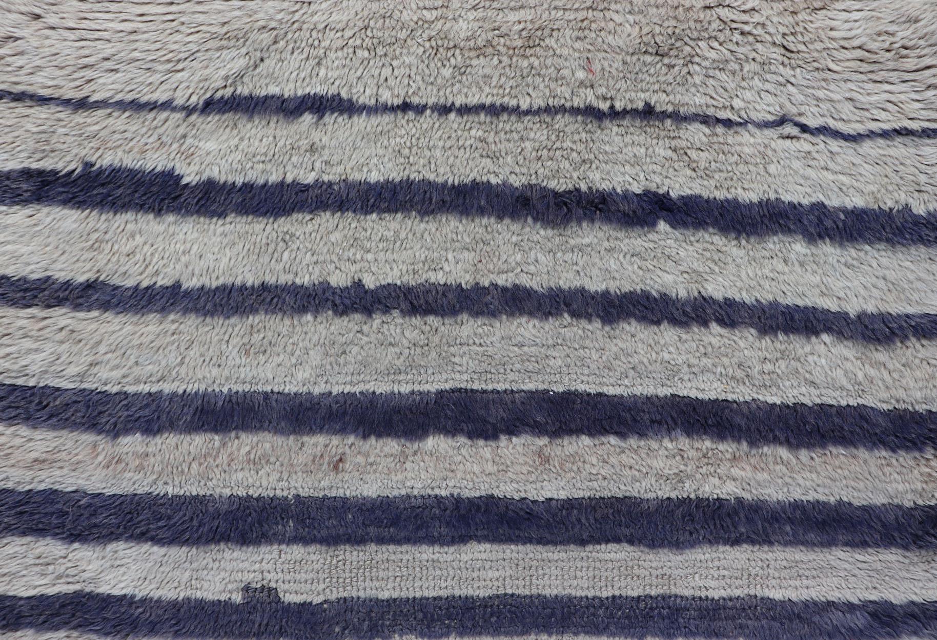 Turkish Angora Vintage Tulu Carpet with Stripe Pattern Light Taupe & Navy Blue For Sale 6