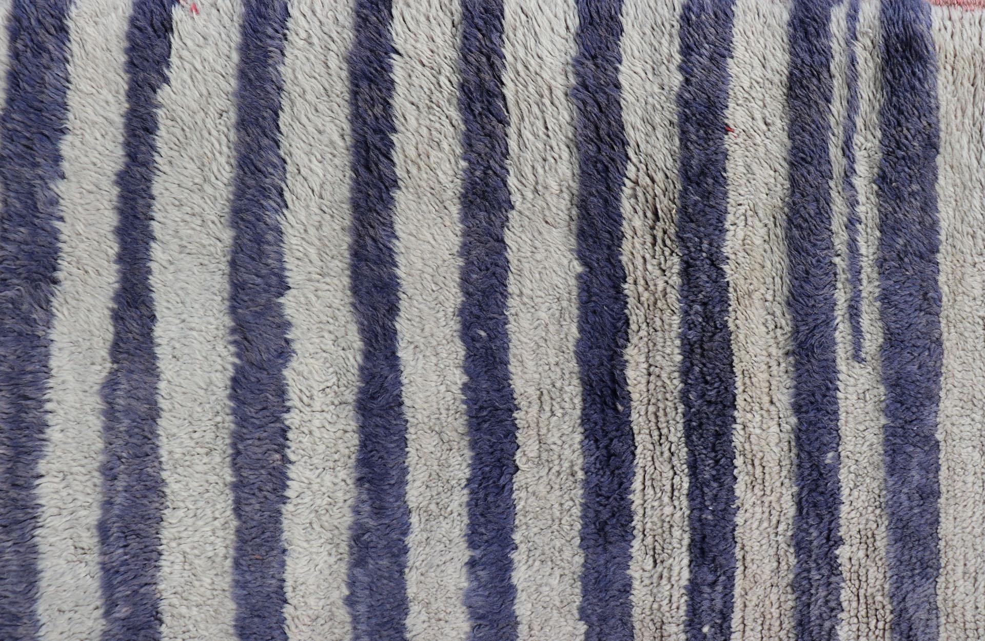Turkish Angora Vintage Tulu Carpet with Stripe Pattern Light Taupe & Navy Blue For Sale 7