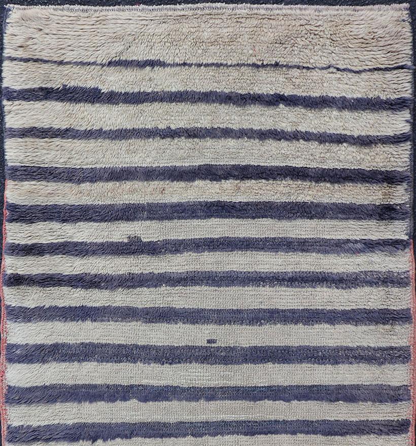 Turkish Angora Vintage Tulu Carpet with Stripe Pattern Light Taupe & Navy Blue For Sale 8
