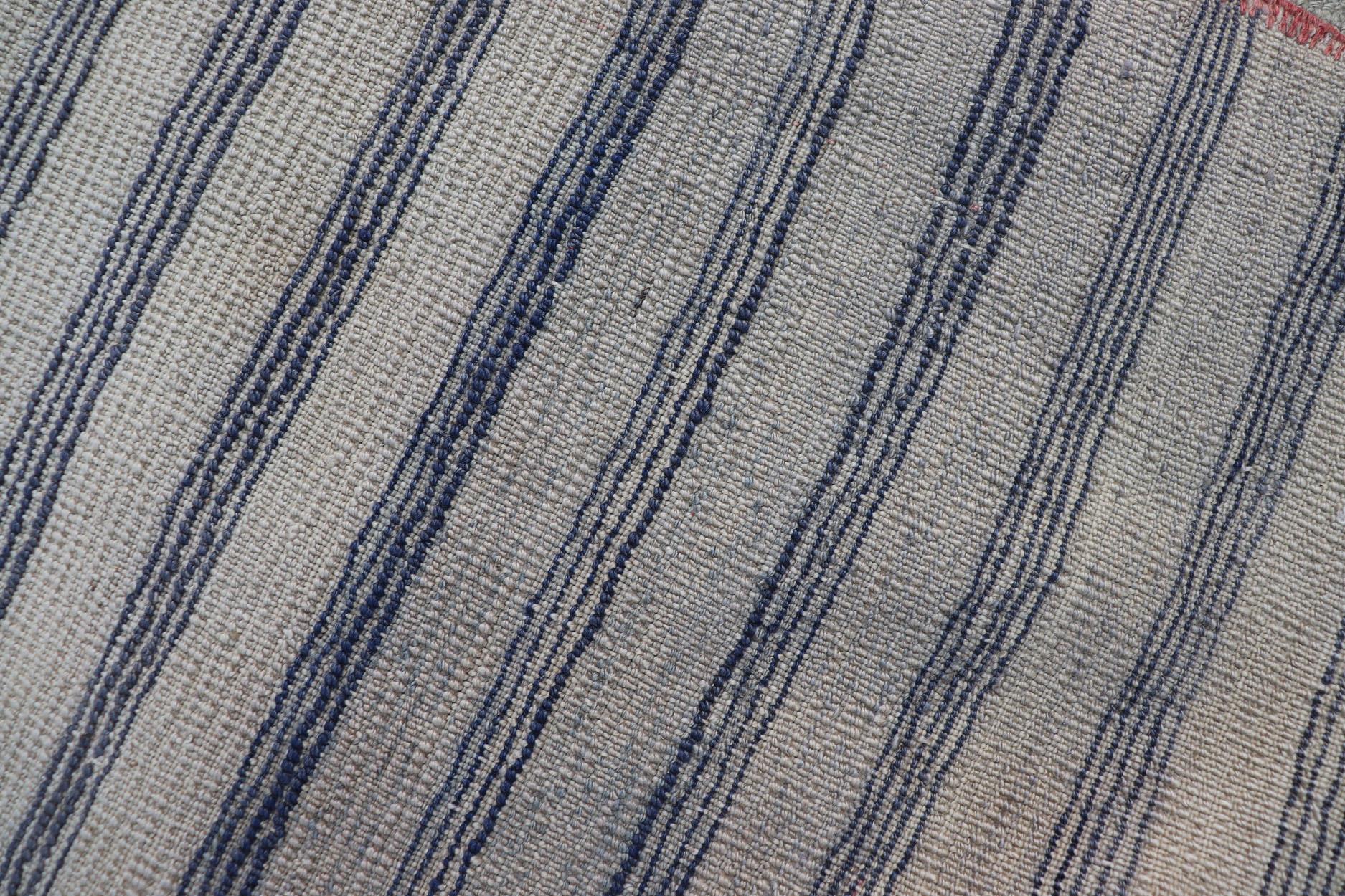 Turkish Angora Vintage Tulu Carpet with Stripe Pattern Light Taupe & Navy Blue For Sale 9