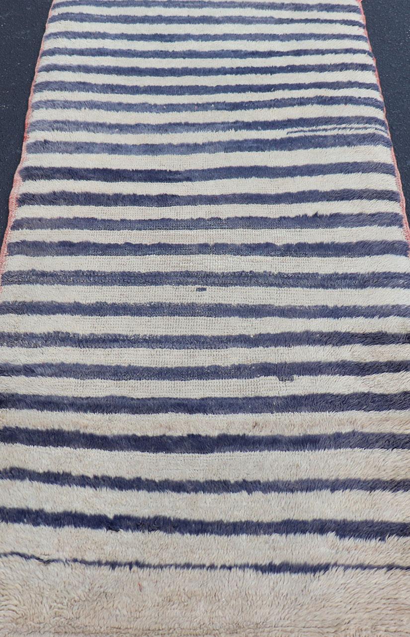 20th Century Turkish Angora Vintage Tulu Carpet with Stripe Pattern Light Taupe & Navy Blue For Sale