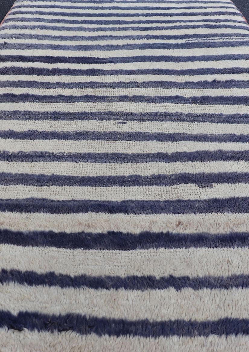 Wool Turkish Angora Vintage Tulu Carpet with Stripe Pattern Light Taupe & Navy Blue For Sale