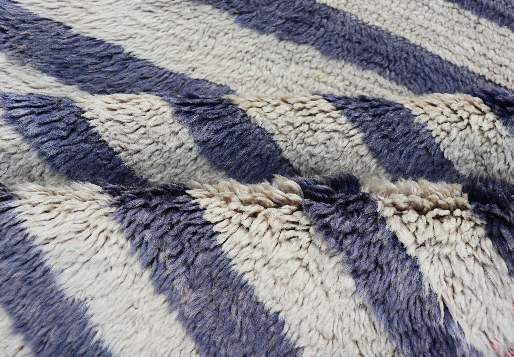Turkish Angora Vintage Tulu Carpet with Stripe Pattern Light Taupe & Navy Blue For Sale 1