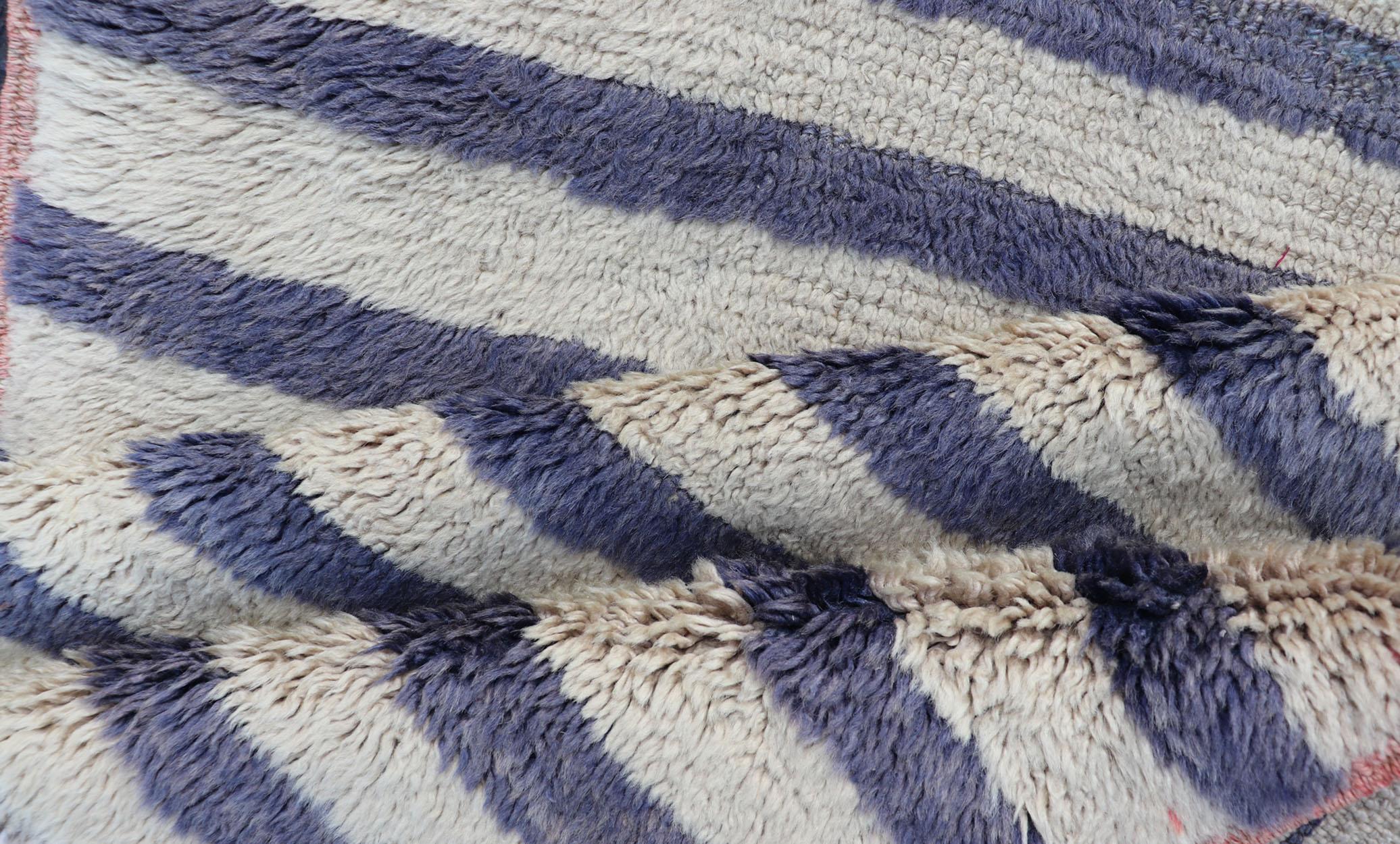 Turkish Angora Vintage Tulu Carpet with Stripe Pattern Light Taupe & Navy Blue For Sale 2