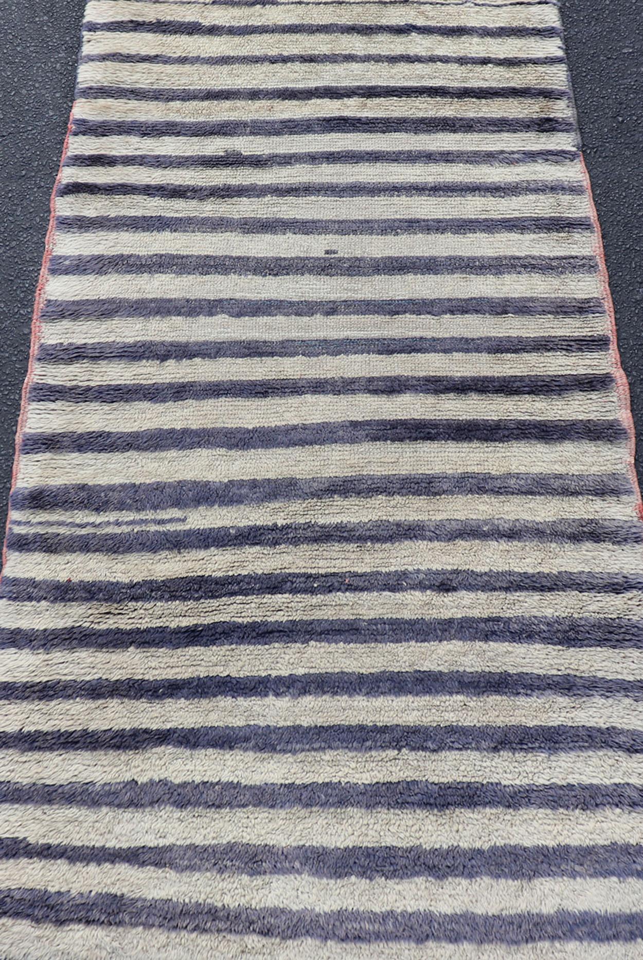 Turkish Angora Vintage Tulu Carpet with Stripe Pattern Light Taupe & Navy Blue For Sale 3