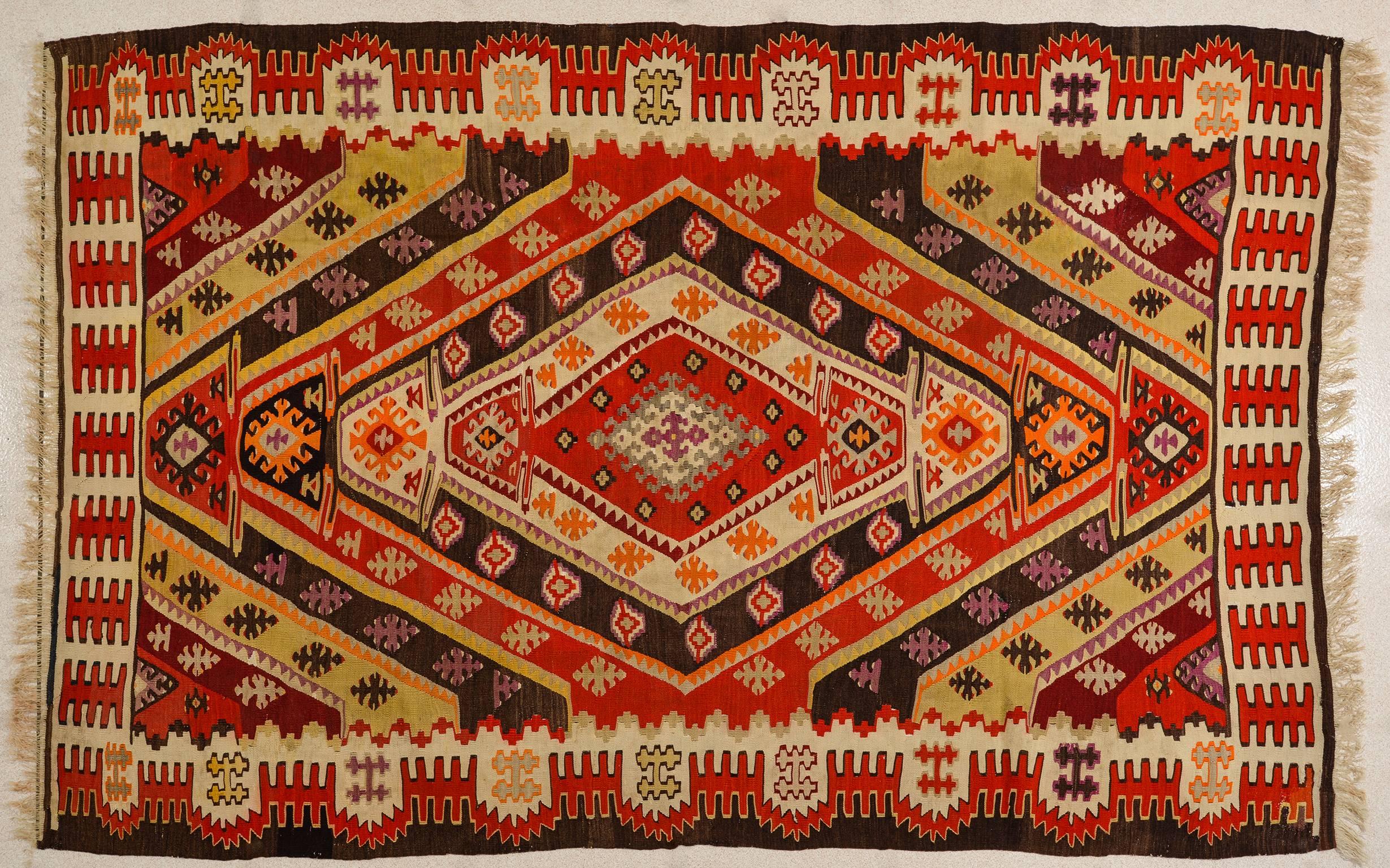 Very interesting fine Kilim, from my private collection, suitable also like a scenographic table cover or as a Tapestry on wall -
Red color obtained from the root of madder.
It is not a carpet affected by fashions !
nr. 443 -
