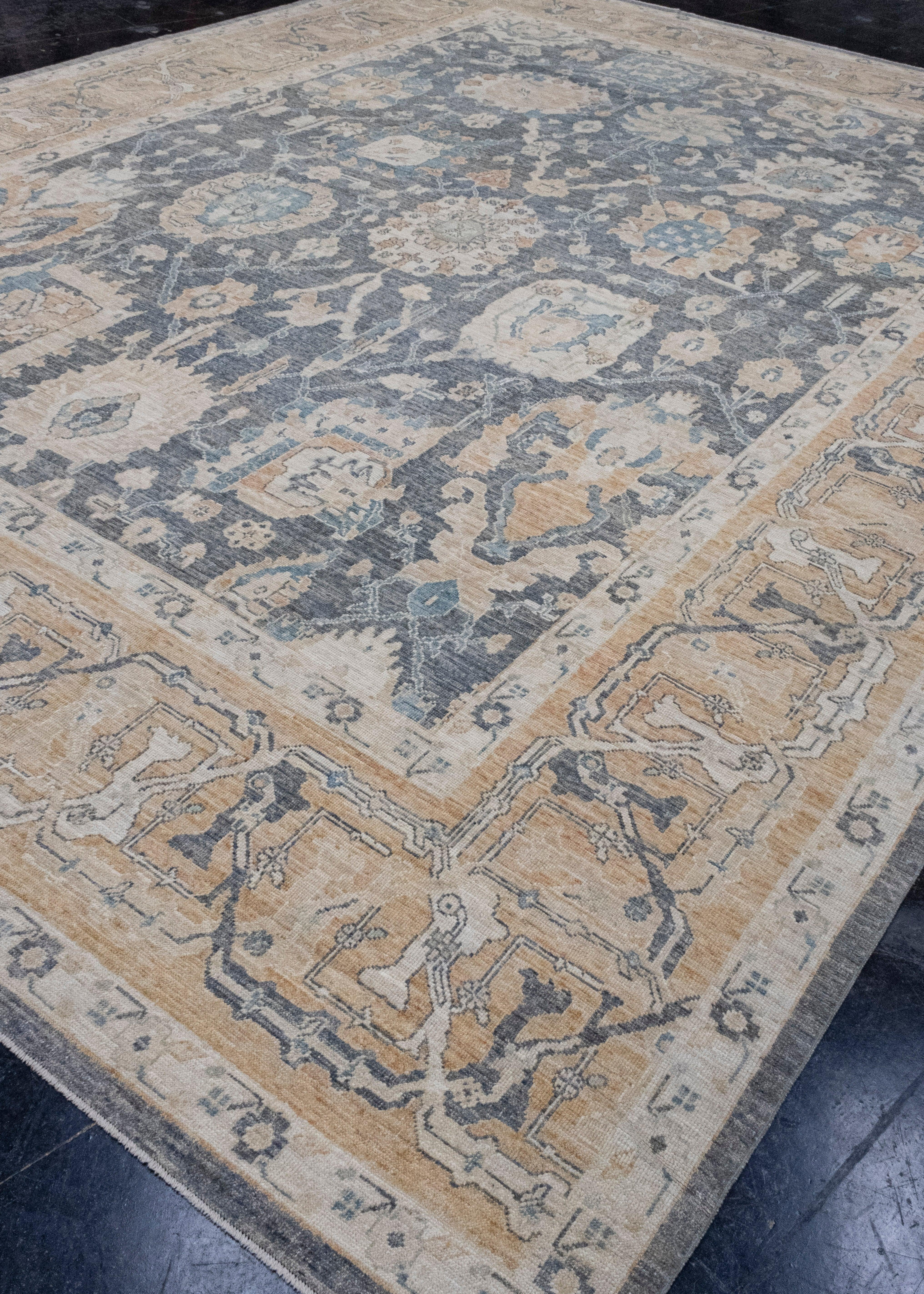 Hand-Knotted Turkish Antique Look Oushak Rug 11'6