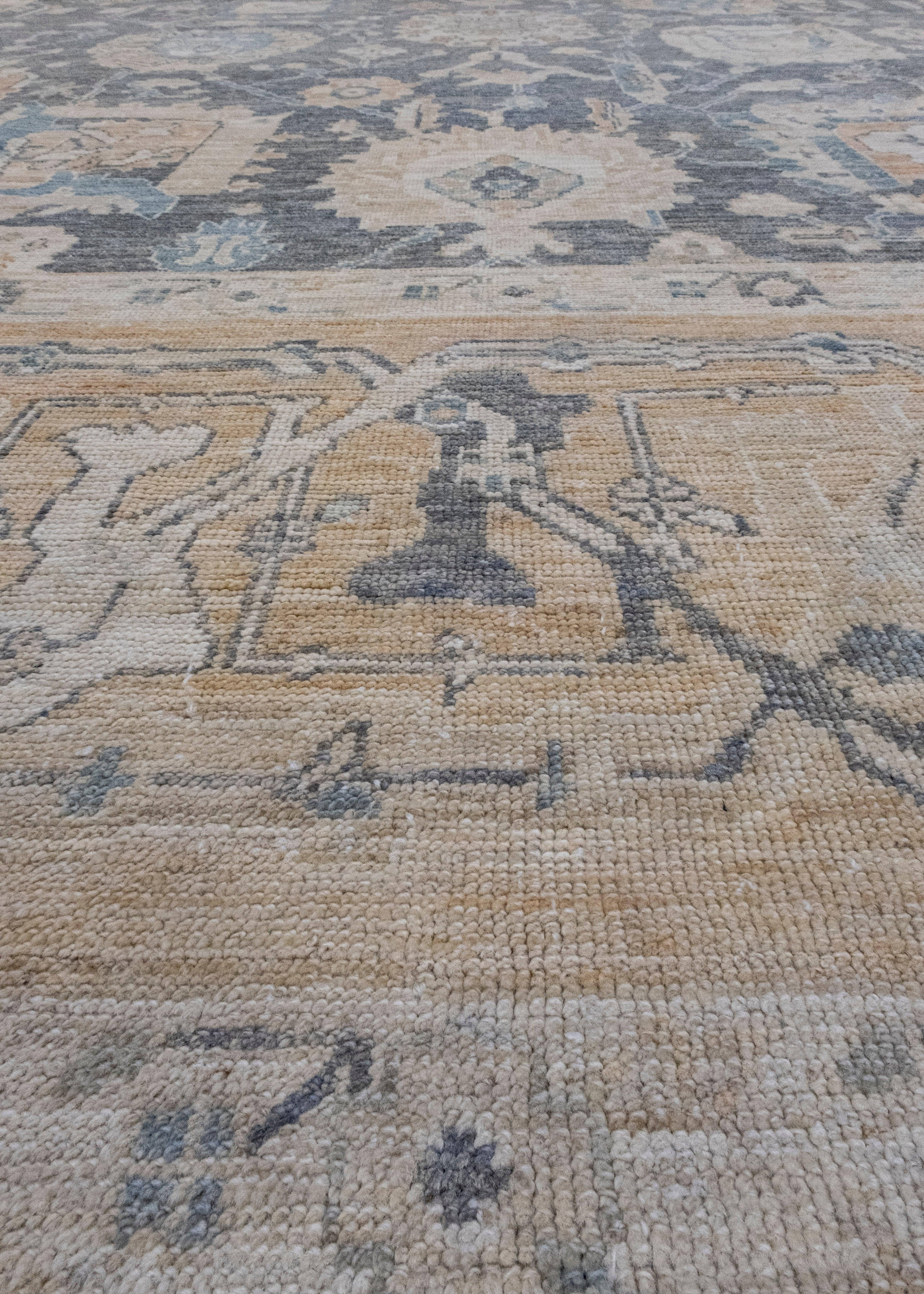 Contemporary Turkish Antique Look Oushak Rug 11'6