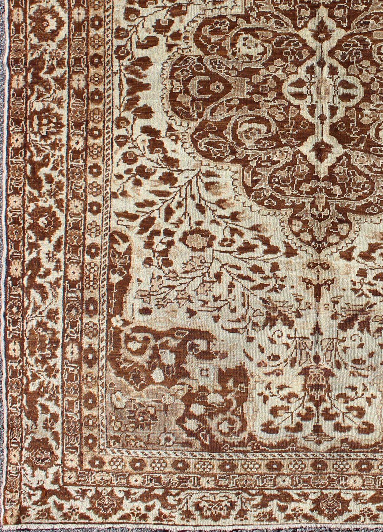 Hand-Knotted Turkish Antique Medallion Sivas with Leaflet Motifs in Neutral Browns and Cream For Sale