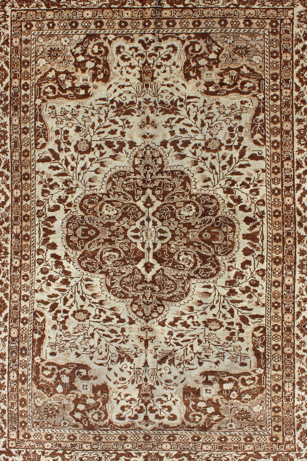 Antique Tabriz with Leaflet Motifs in Neutral Browns & Cream   5' 1