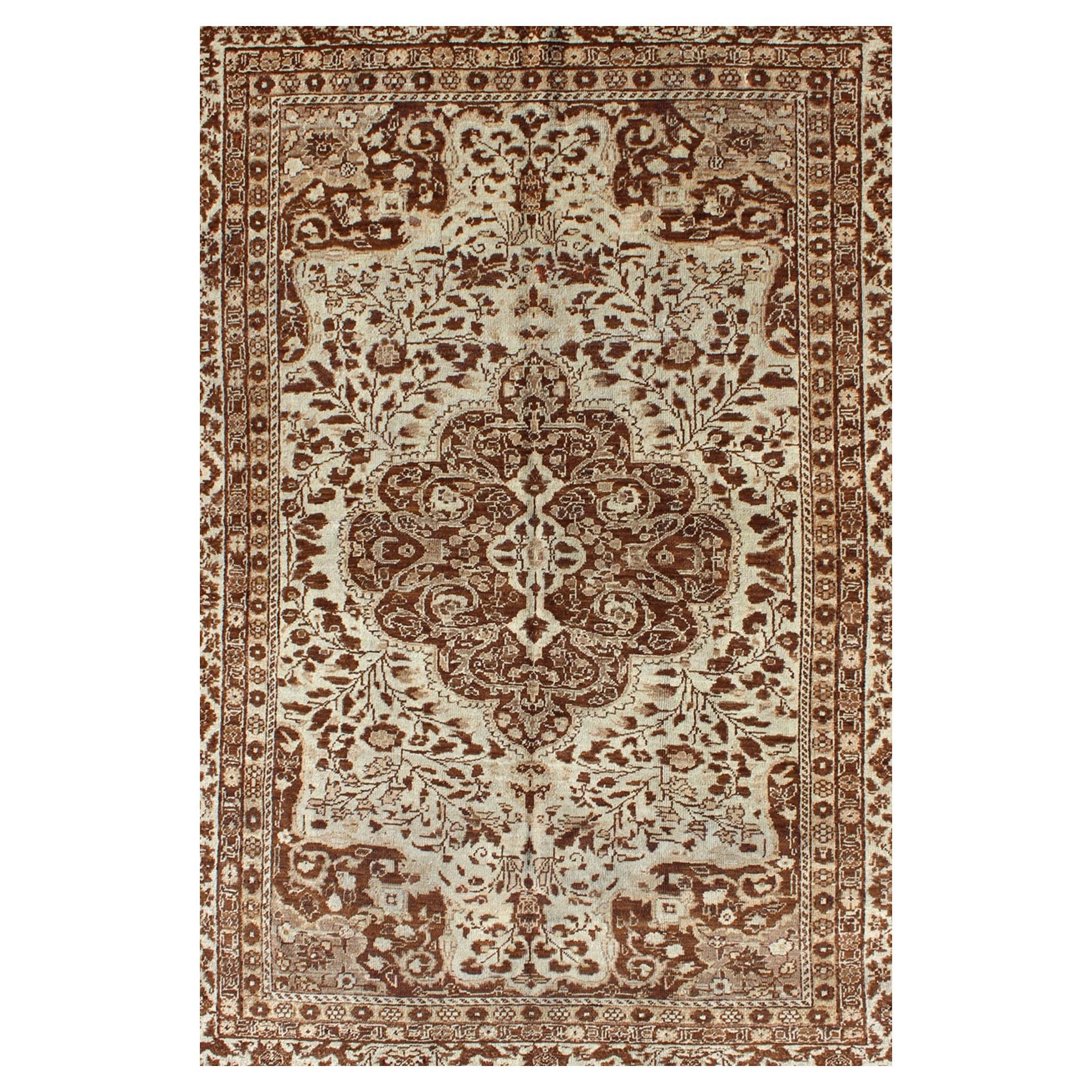 Turkish Antique Medallion Sivas with Leaflet Motifs in Neutral Browns and Cream For Sale