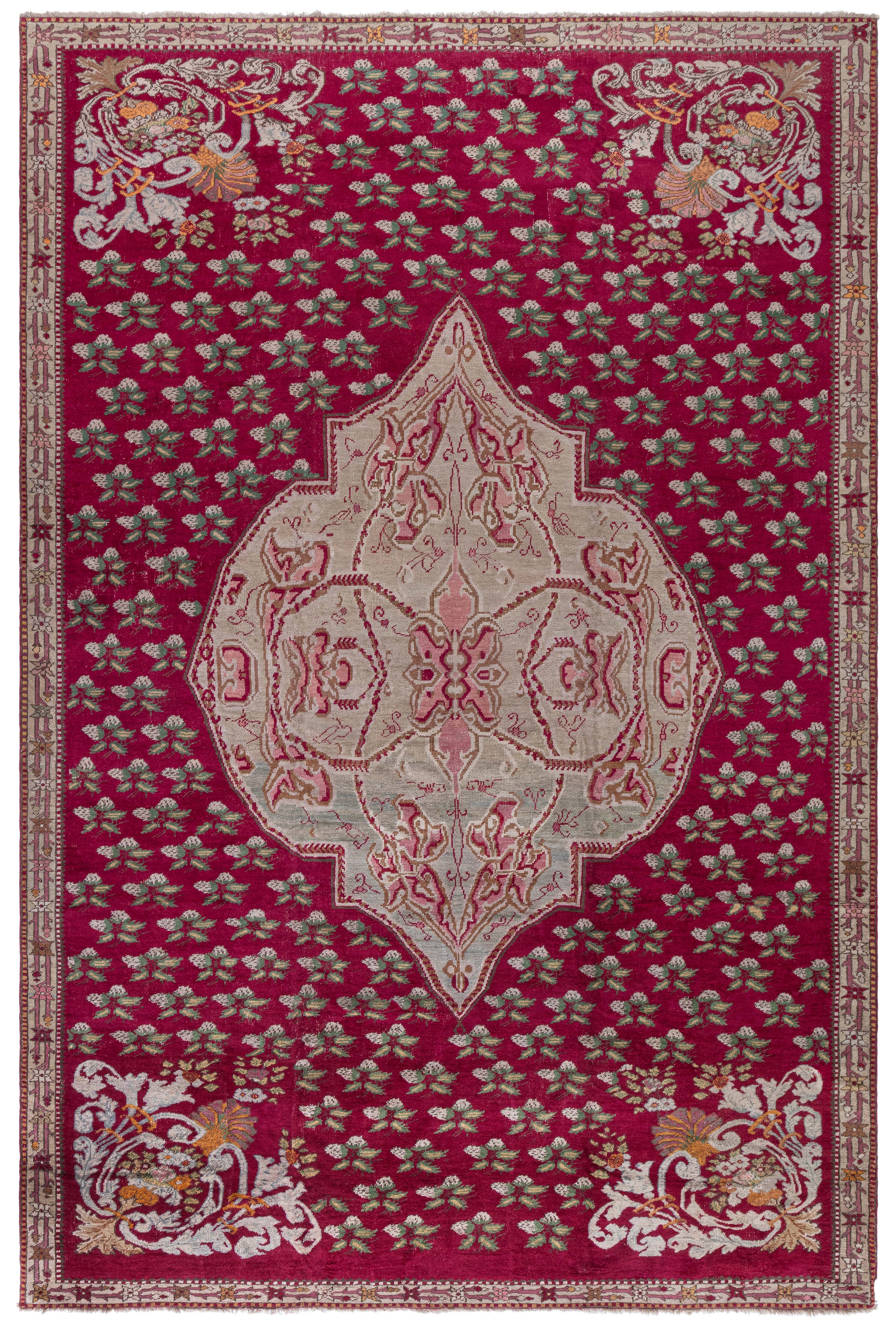 Turkish Antique Medallion Taupe Rug - c. 1880 Pomegranate Design For Sale