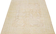 Stile antico turco  Tappeto in lana Oushak Beige fatto a mano con motivo a trifoglio