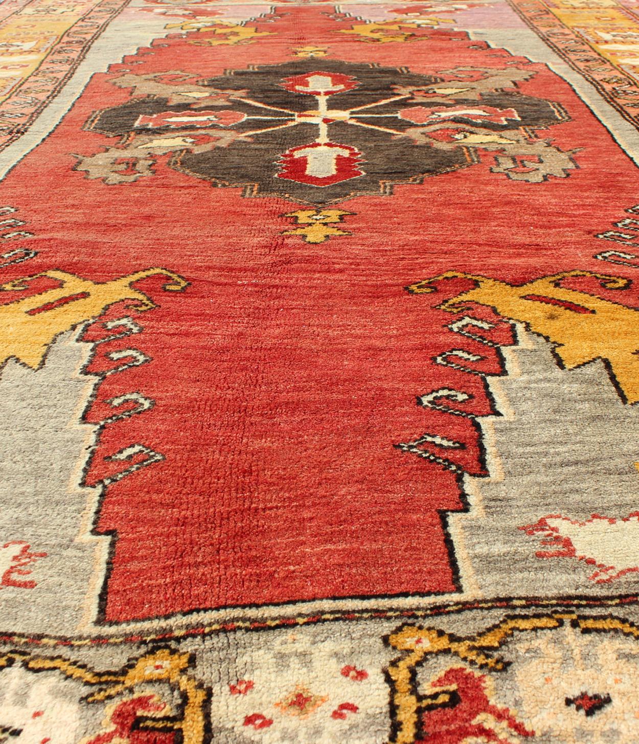 Turkish Antique Tribal Diamond Medallion Oushak Area Rug in Red and Gold For Sale 1
